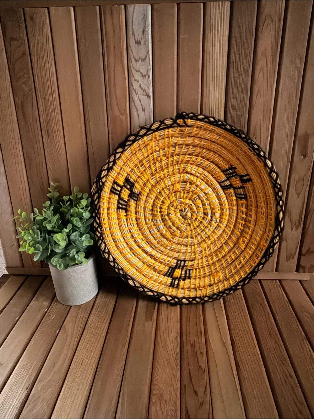 Handwoven Boho Lattice Border Wall Basket, Black + Golden Yellow Vintage-Style